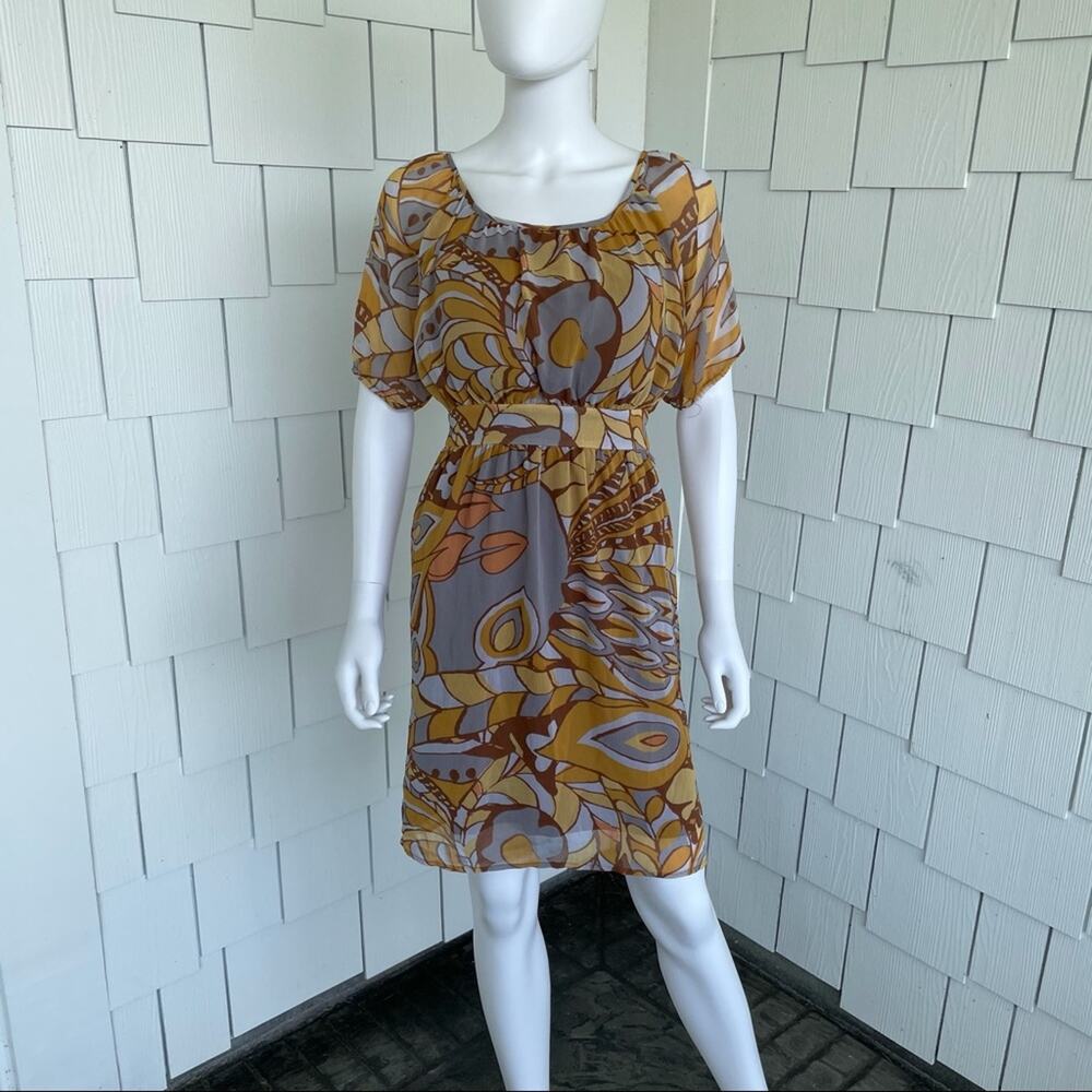 Judith March Women's Yellow/Brown Retro Abstract Pattern Knee Length Dress sz S